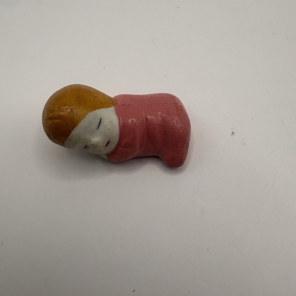 Vintage Doll House Miniature Ceramic Sleeping Baby 1 Inch Pink Pajamas